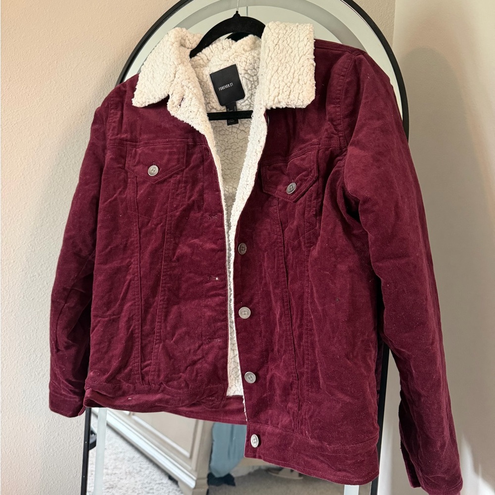 Forever 21 Burgundy Corduroy Jean Jacket with Cream Sherpa Lining